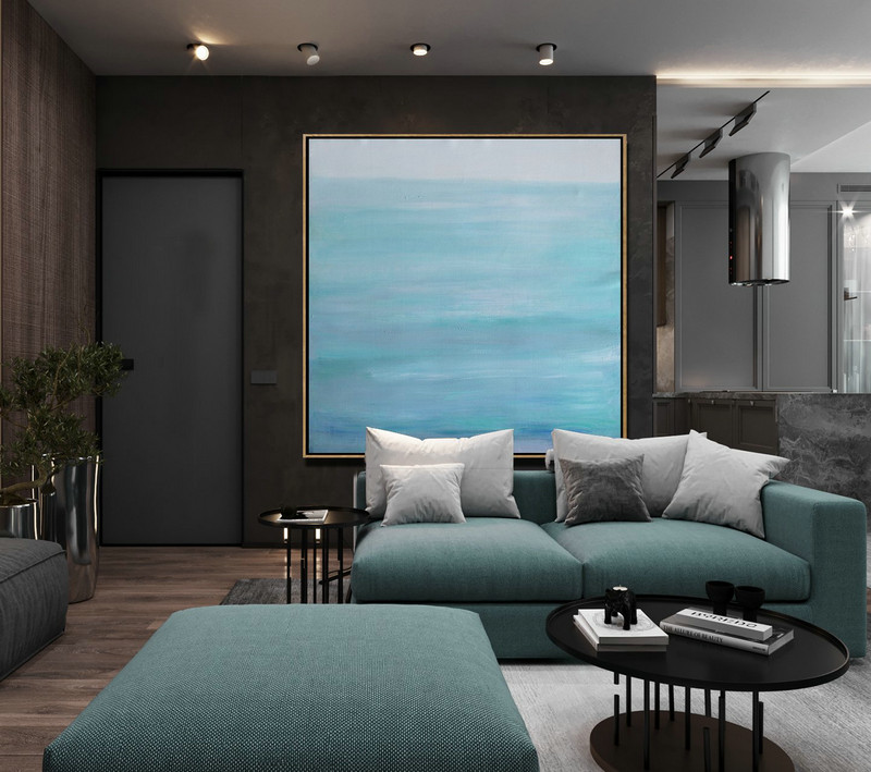 Handmade Painting Large Abstract Art,Large Abstract Landscape Oil Painting On Canvas,Modern Art Abstract Painting,Grey,Lake Blue,White